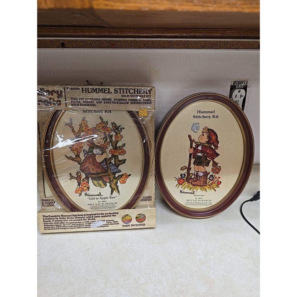 Vtg Hummel Stitchery Kit Lot Girl in Apple Tree 8031 Peasant Boy 8037 Frame 9x12